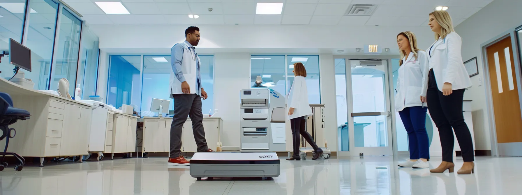 a smiling individual stepping on a scale surrounded by supportive medical professionals in a bright, modern clinic setting.