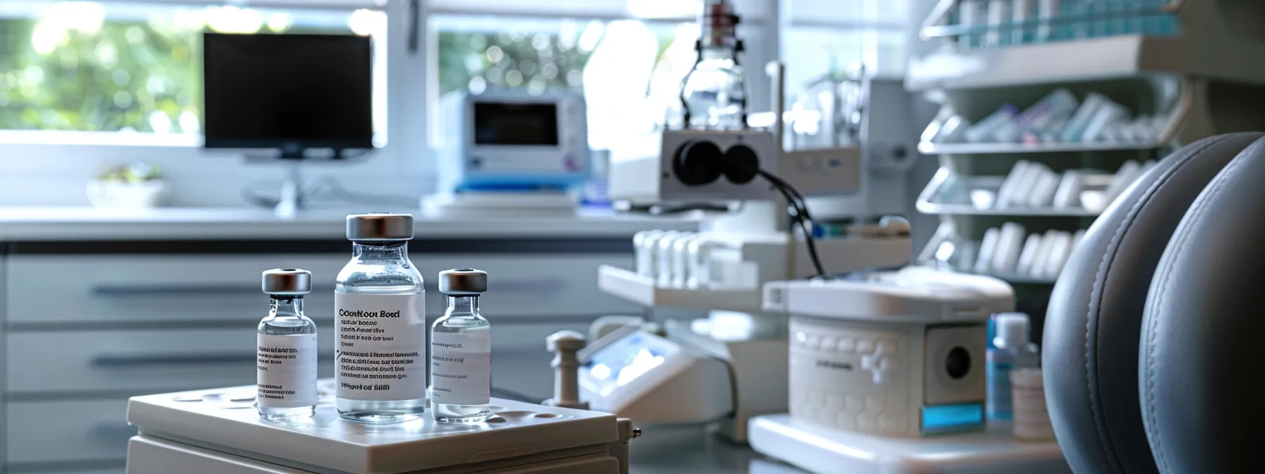 a vial of hcg injections surrounded by advanced medical equipment in a modern clinic setting for a medically supervised weight loss program.