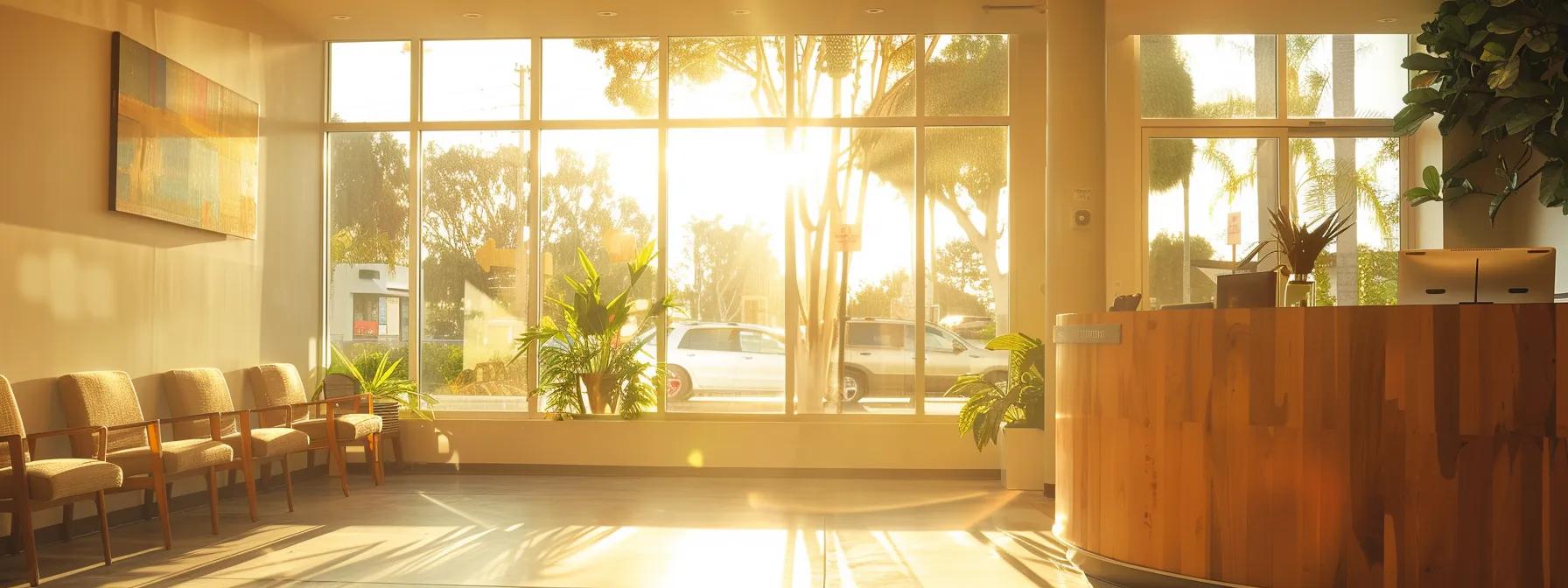 a radiant clinic interior in orange county, featuring a welcoming reception area with bright, natural light flowing through large windows, symbolizes the supportive and accessible environment of soboba medical weight loss for local residents on their weight loss journey.