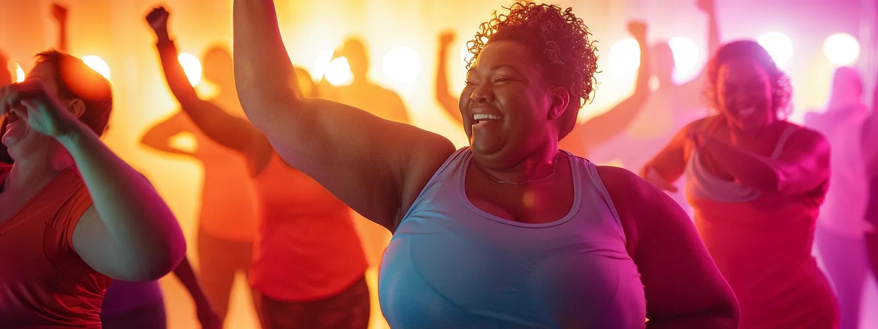 a radiant transformation scene captures the joy and confidence of individuals celebrating their successful weight loss journey, surrounded by supportive community members in a bright, uplifting environment.