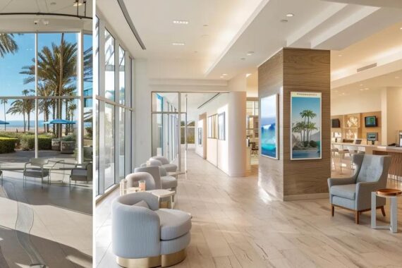 a serene coastal setting in newport beach showcases a transformation journey, featuring an inviting and modern weight loss clinic bathed in warm sunlight, symbolizing personalized medical wellness.