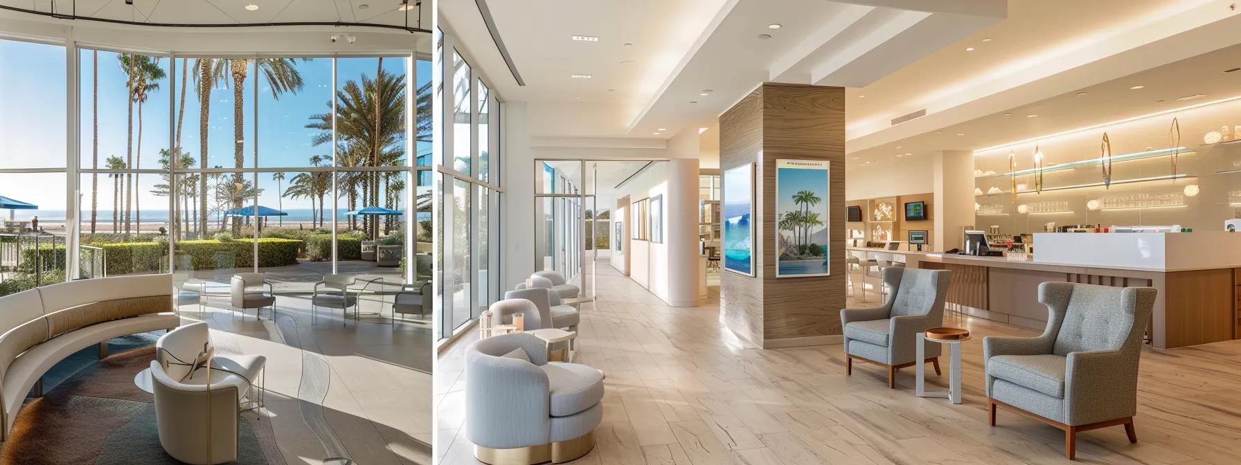 a serene coastal setting in newport beach showcases a transformation journey, featuring an inviting and modern weight loss clinic bathed in warm sunlight, symbolizing personalized medical wellness.