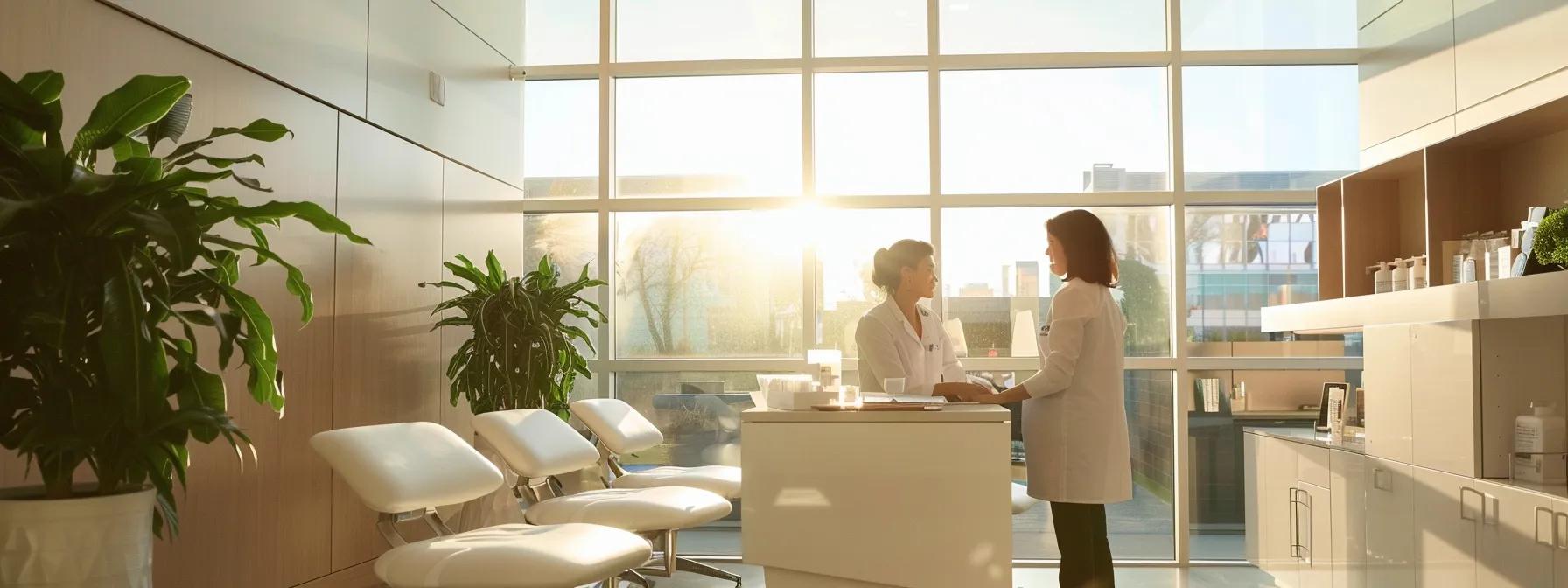 a serene consultation room bathed in soft, natural light, showcasing a confident weight loss specialist engaging warmly with a client, emphasizing the transformative journey of medical weight loss through expert guidance and personalized care.