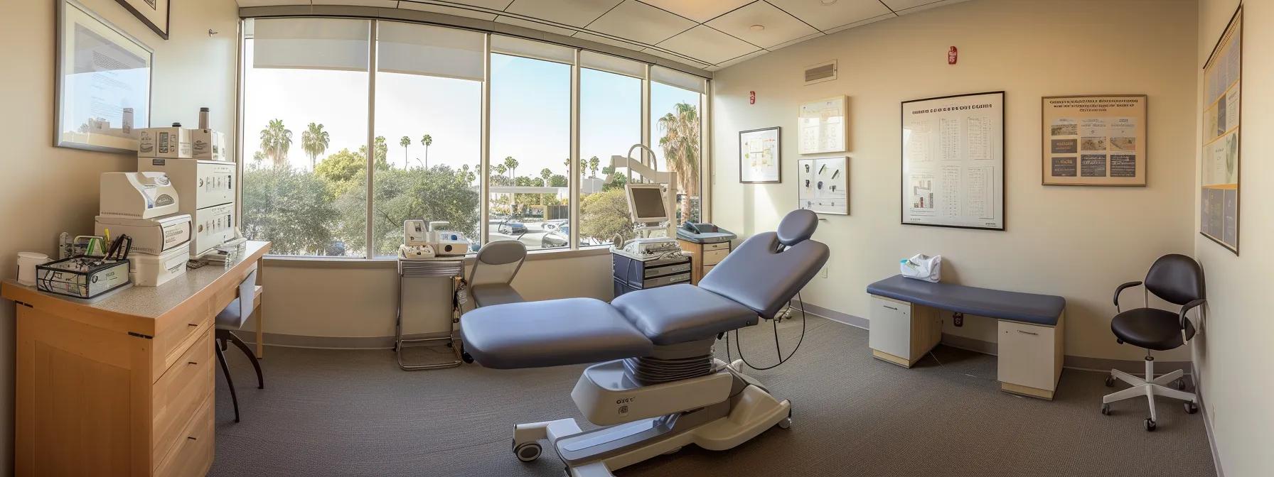 a serene medical consultation room in newport beach, bathed in natural light, featuring a well-organized display of health and wellness resources, symbolizing an inviting atmosphere for effective weight loss treatment.