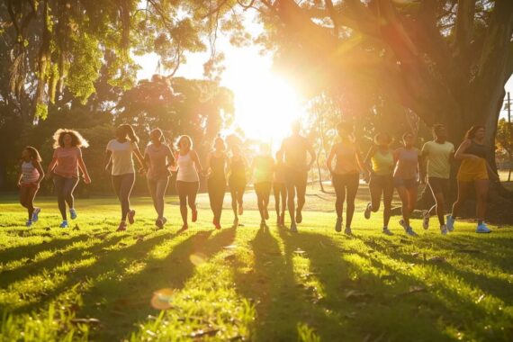 a vibrant, inspiring scene showcasing a diverse group of individuals confidently celebrating their weight loss journeys in a sunlit park, embodying health and transformation through proven medical solutions.