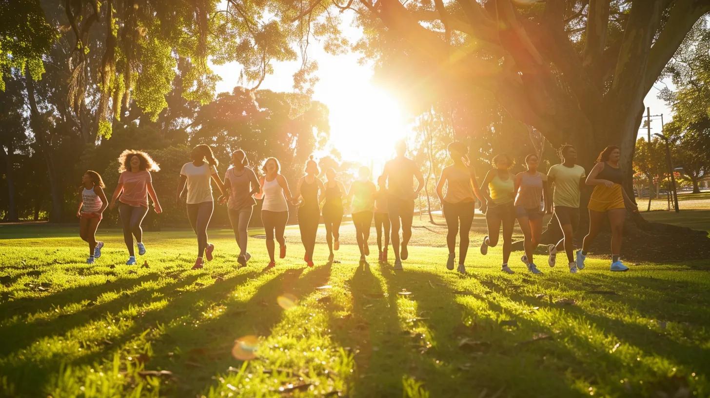 a vibrant, inspiring scene showcasing a diverse group of individuals confidently celebrating their weight loss journeys in a sunlit park, embodying health and transformation through proven medical solutions.