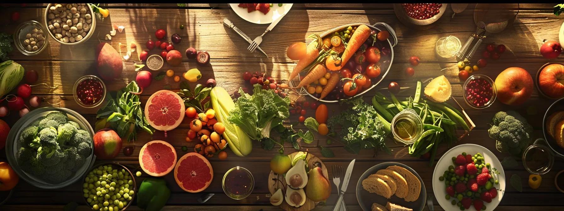 a visually engaging spread of vibrant fruits, vegetables, and balanced meal preparations on a wooden table, emphasizing the theme of nutritional plans for optimal health under warm, natural lighting.