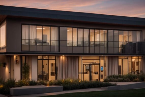 a serene newport beach sunset casts a warm glow over a modern weight loss clinic, symbolizing a journey towards effective weight management and wellness.