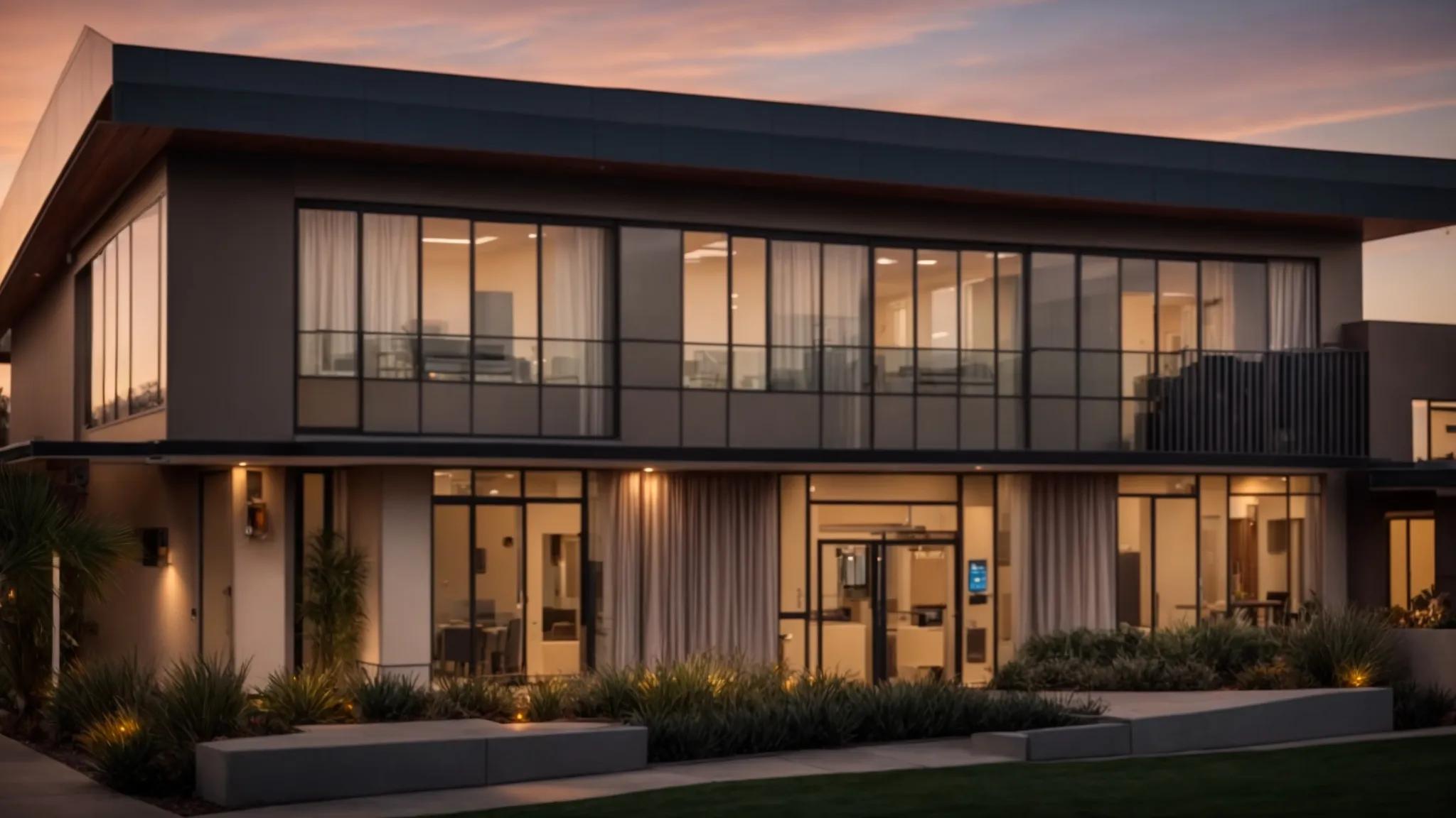 a serene newport beach sunset casts a warm glow over a modern weight loss clinic, symbolizing a journey towards effective weight management and wellness.