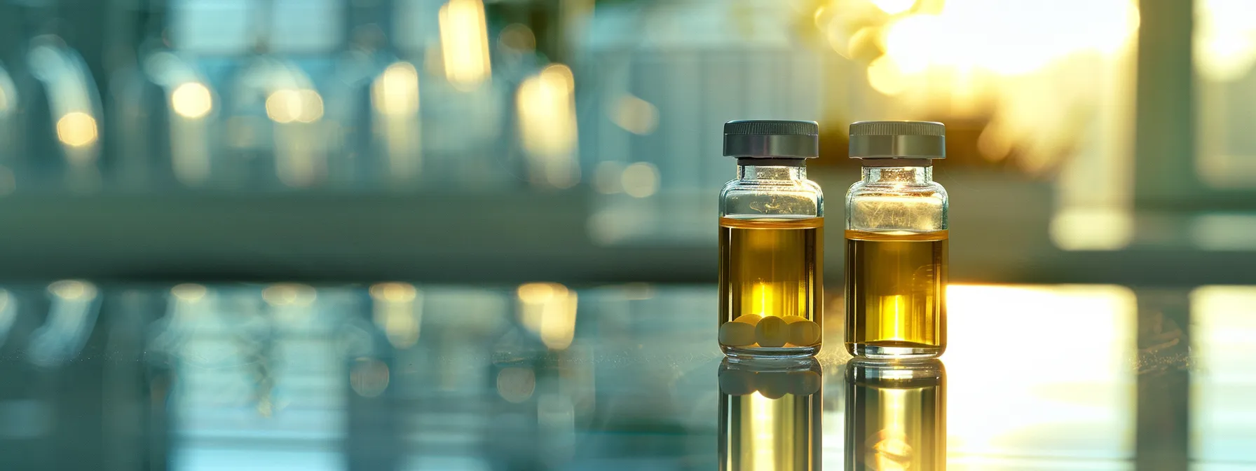 a contrasting visual of two prescription medication vials, ozempic and mounjaro, elegantly displayed on a reflective surface, illuminated by soft, focused lighting, embodying the theme of cost considerations in medical weight loss treatment.