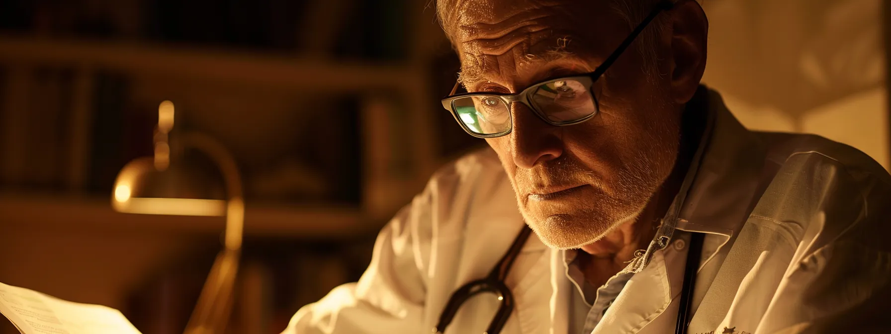 a dramatic close-up of a thoughtful physician contemplating patient charts, with a blurred background of medical books and a stethoscope, illuminated by soft, natural light to symbolize the complexities of weighing the side effects of ozempic and mounjaro in medical weight loss.