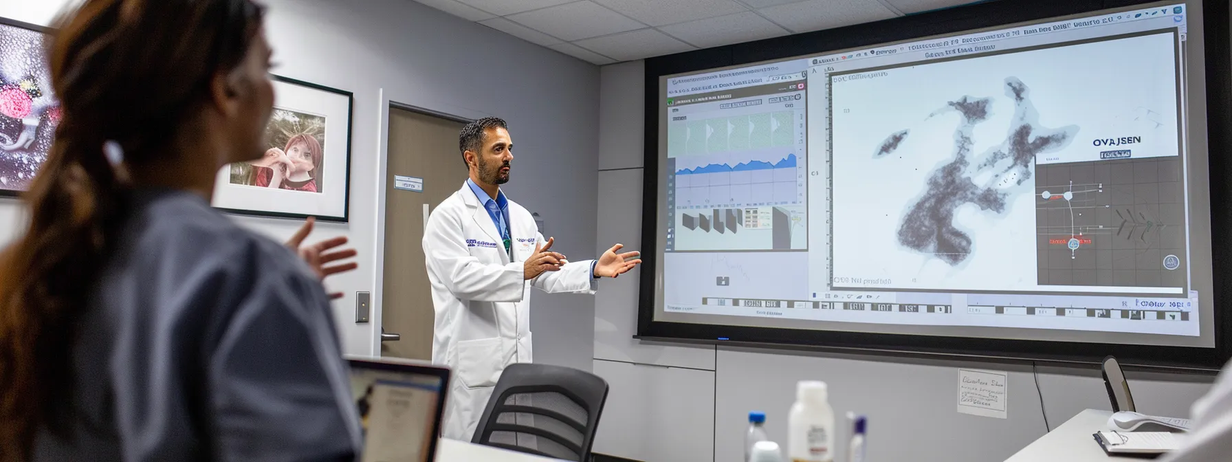 a focused and illuminated consultation room with a knowledgeable endocrinologist discussing the eligibility criteria for ozempic and mounjaro, emphasizing medical weight loss on a digital presentation screen.