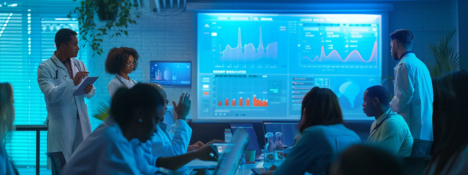 a vibrant and engaging medical scene featuring a diverse group of healthcare professionals collaboratively analyzing data and charts on ozempic and mounjaro's effects on weight loss and glycemic control within a modern clinic setting.