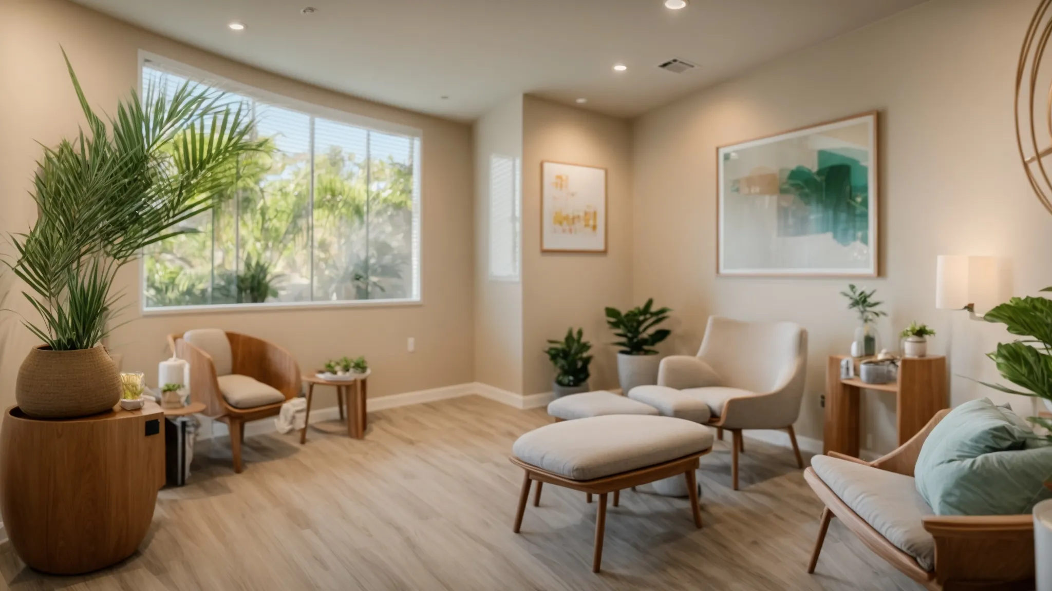 a serene and inviting consultation room at soboba in orange county, bathed in warm natural light, featuring a calming color palette and wellness resources that embody a holistic approach to medical weight loss.