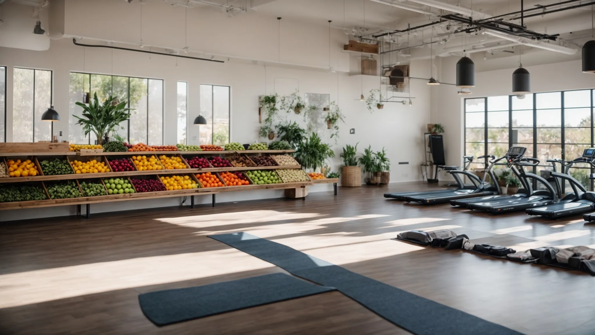 a serene fitness studio bathed in natural light, featuring a vibrant display of fresh fruits and vegetables alongside personalized nutrition plans, symbolizing the journey towards health and well-being at soboba in orange county.