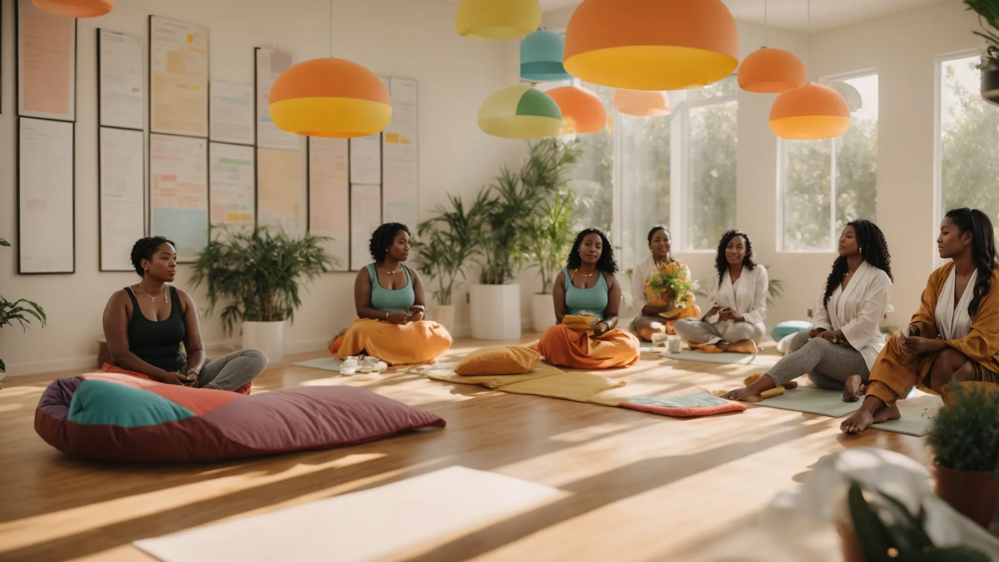 a serene, sunlit consultation room at soboba, featuring a group of diverse individuals engaged in a supportive weight loss session, surrounded by colorful nutrition charts and inspirational health posters.