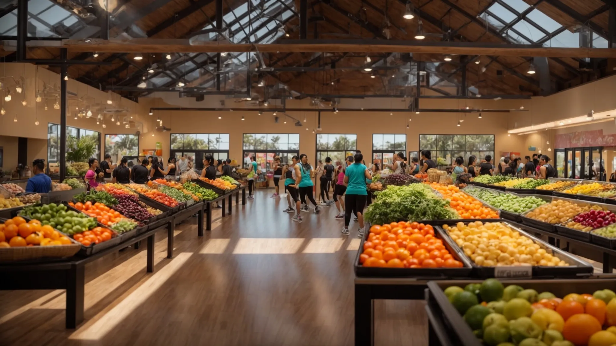 a vibrant community center in orange county, bustling with individuals participating in diverse fitness classes, surrounded by colorful health food stores showcasing fresh produce, symbolizing a collective commitment to weight loss and wellness.