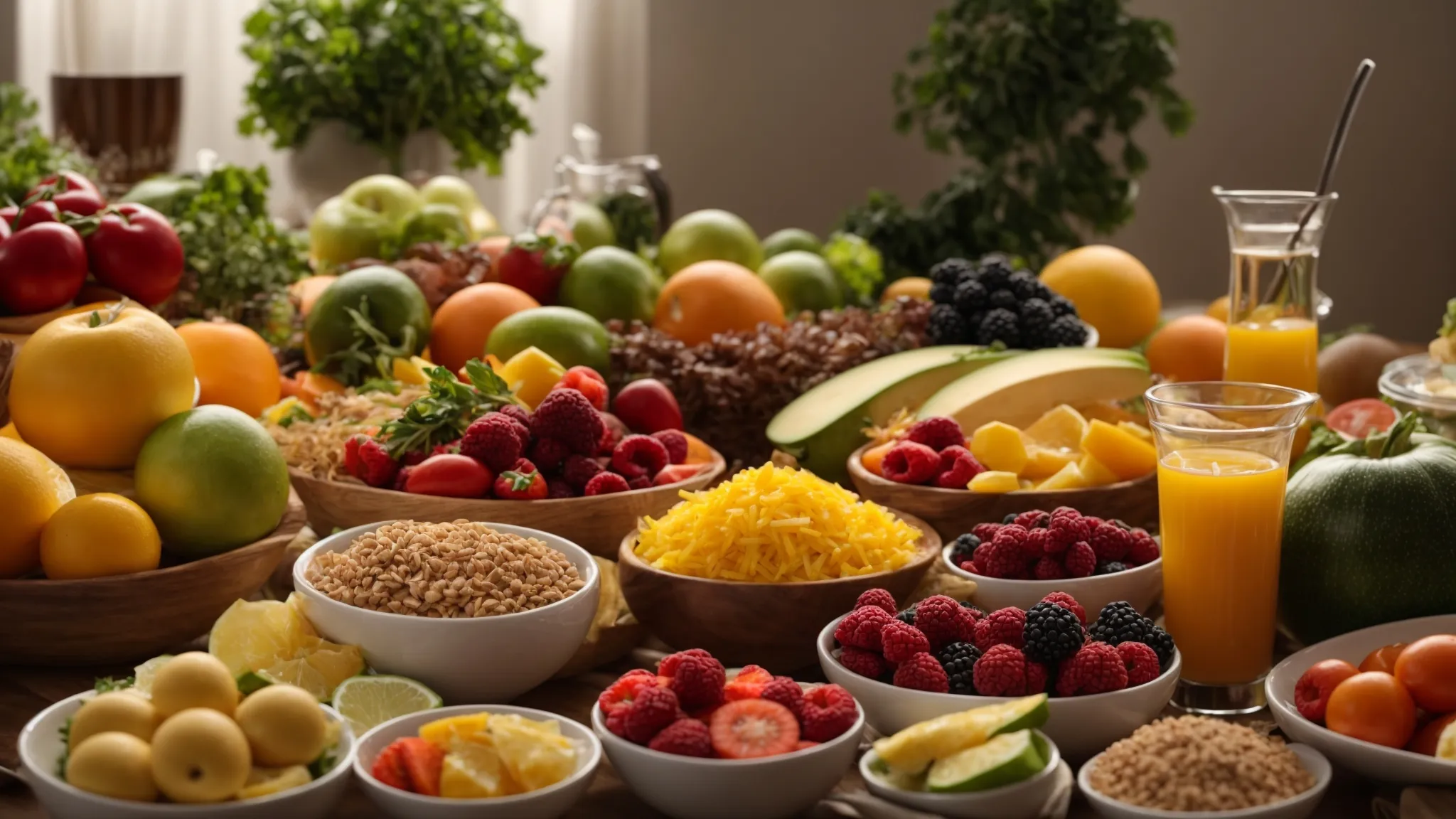 a vibrant spread of colorful, nutritious foods arranged on a table, symbolizing the harmony of healthy eating habits and an active lifestyle, illuminated by warm, natural light to evoke a sense of wellness and motivation.