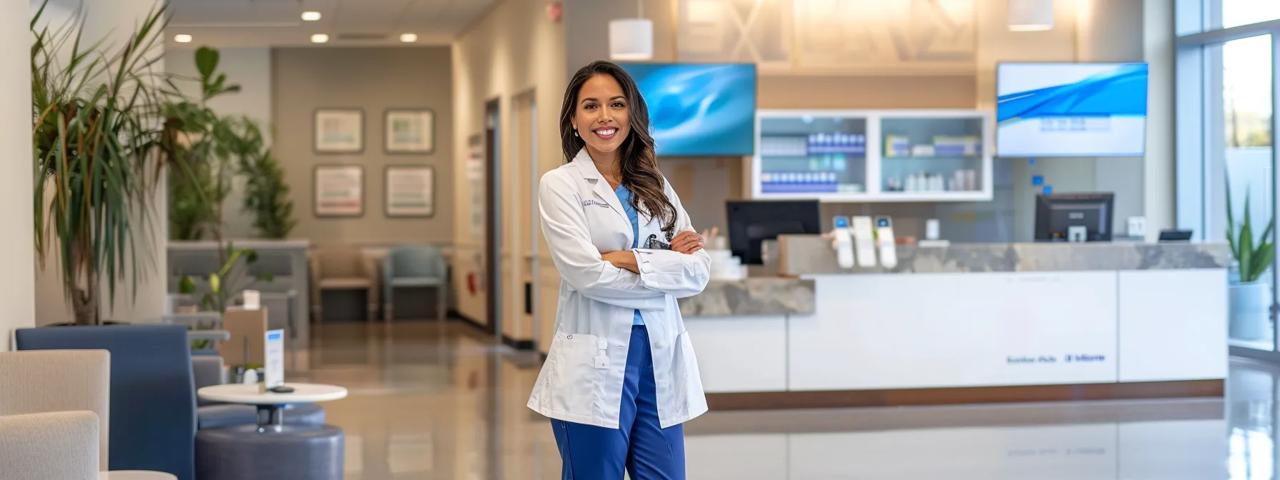 a confident individual stands in a modern, sleek medical office, surrounded by advanced health technology and informative displays, radiating empowerment and motivation in their weight loss journey.