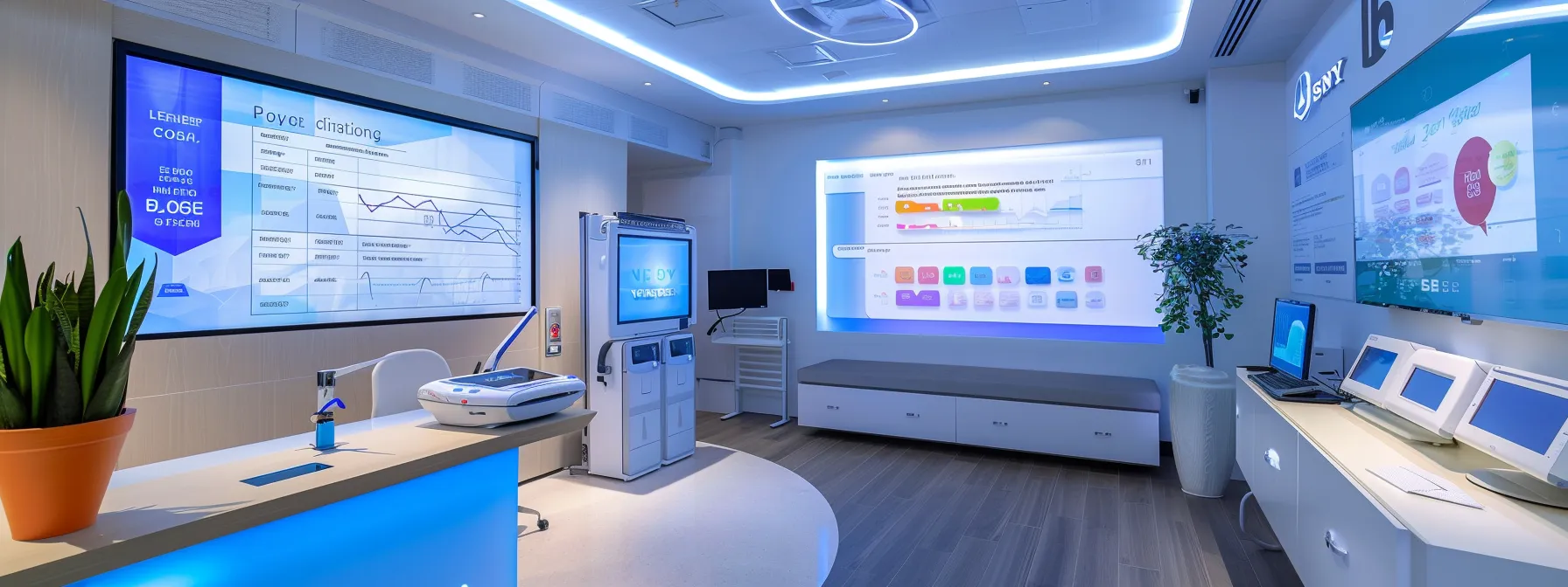 a modern clinic setting features a sleek, well-lit consultation room with a digital scale, health charts displayed on a large screen, and a vibrant array of wellness resources, embodying the theme of medical weight loss.