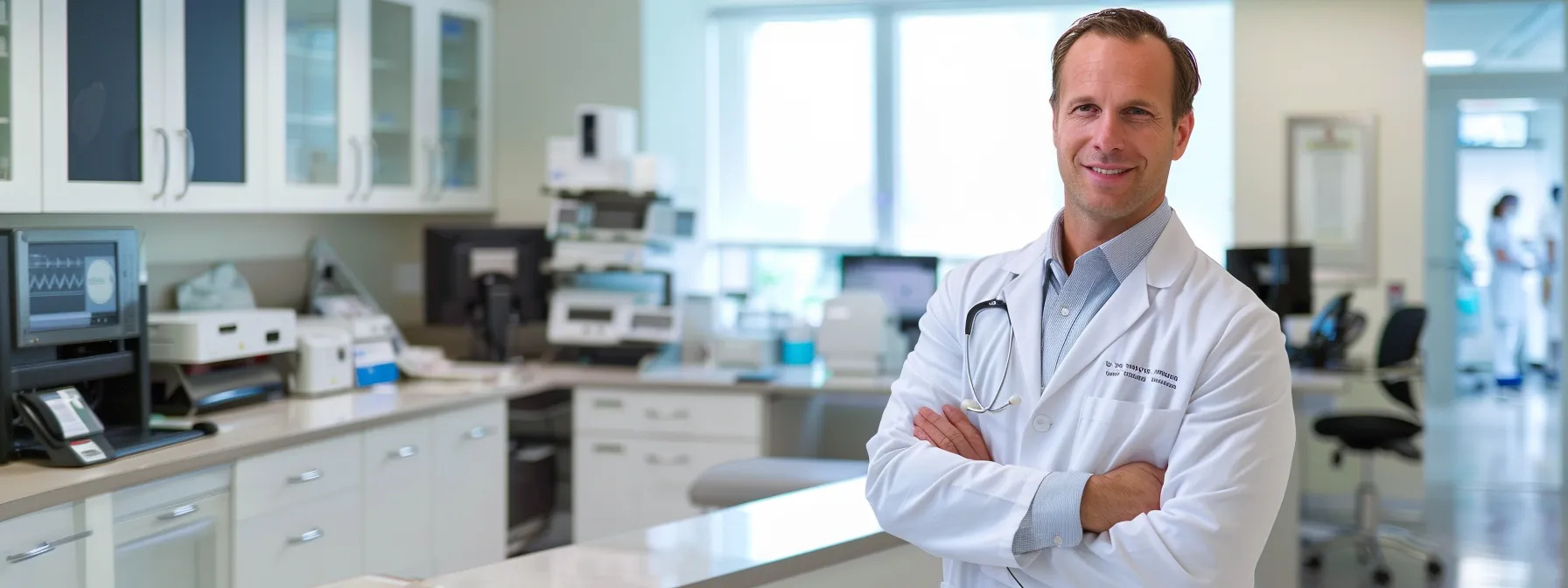 a modern, sleek medical office filled with bright, sterile white cabinetry, showcasing advanced diagnostic equipment and digital health displays, emphasizing a professional ambiance focused on medical weight loss services.