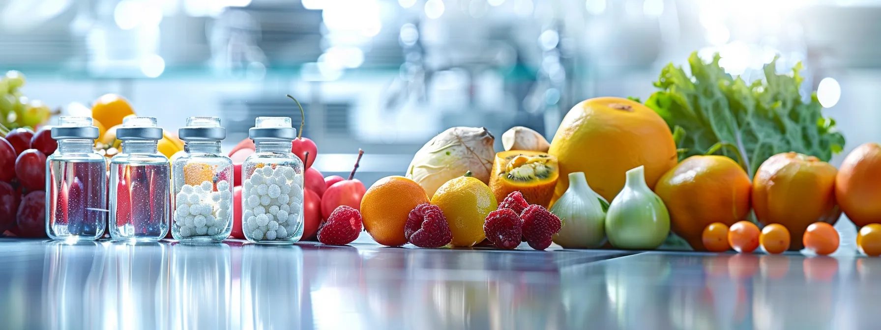 a serene and inviting healthcare setting features a vibrant display of fresh, colorful fruits and vegetables alongside sleek vials of ozempic and mounjaro, symbolizing the journey of medical weight loss in a bright, well-lit environment.