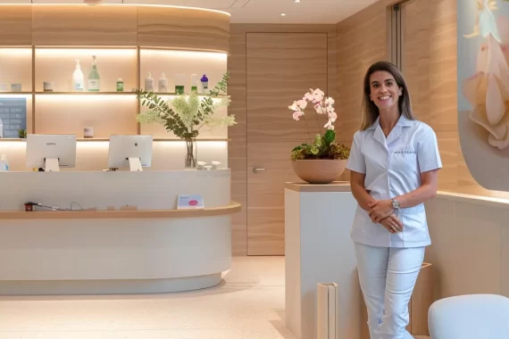 a serene and vibrant clinic setting, bathed in natural light, features a confident individual standing proudly next to a sleek display of ozempic and mounjaro, symbolizing a successful medical weight loss journey.