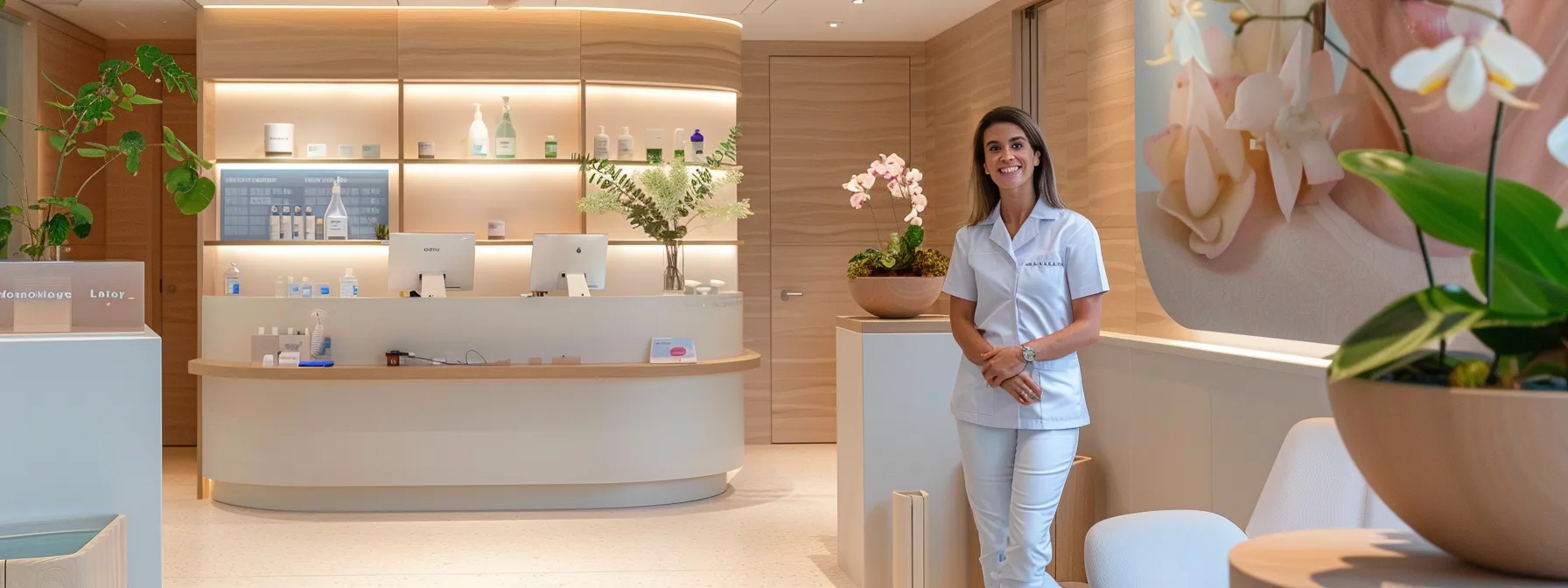 a serene and vibrant clinic setting, bathed in natural light, features a confident individual standing proudly next to a sleek display of ozempic and mounjaro, symbolizing a successful medical weight loss journey.