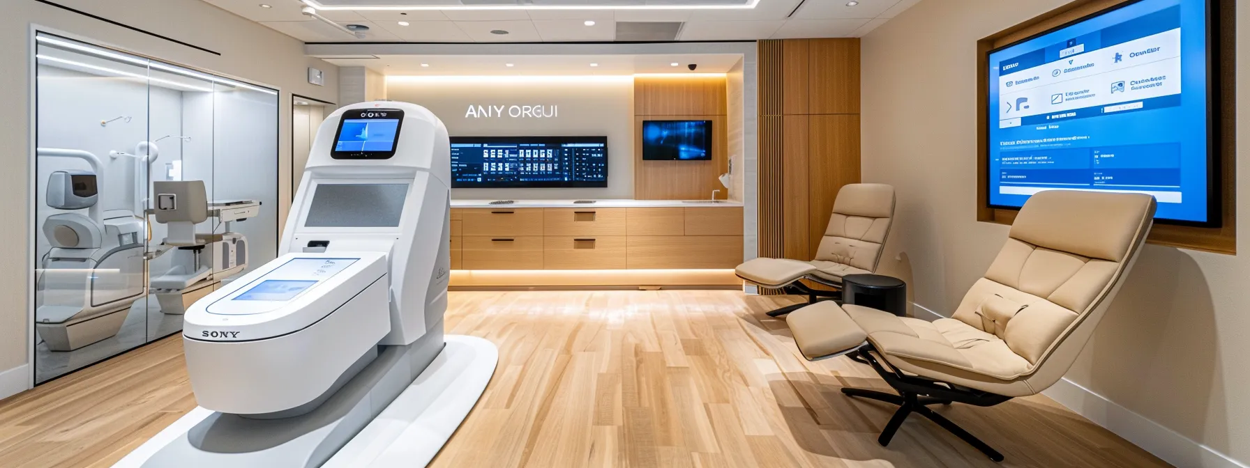 a sleek, modern medical consultation room featuring a state-of-the-art body composition analyzer and an interactive digital display, radiating a professional yet inviting atmosphere for patients seeking weight loss solutions.