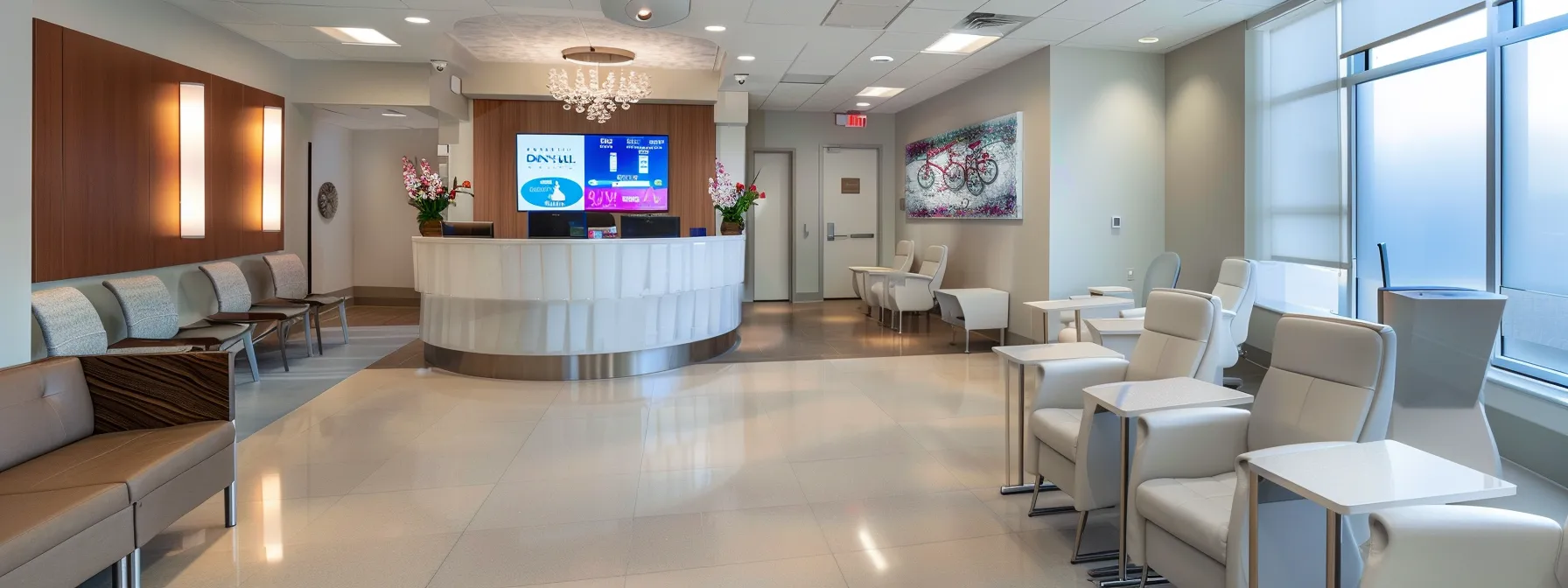 a sleek, modern medical office featuring an inviting consultation area with professional decor, emphasizing a digital display of health metrics and weight loss success stories on a vibrant screen.