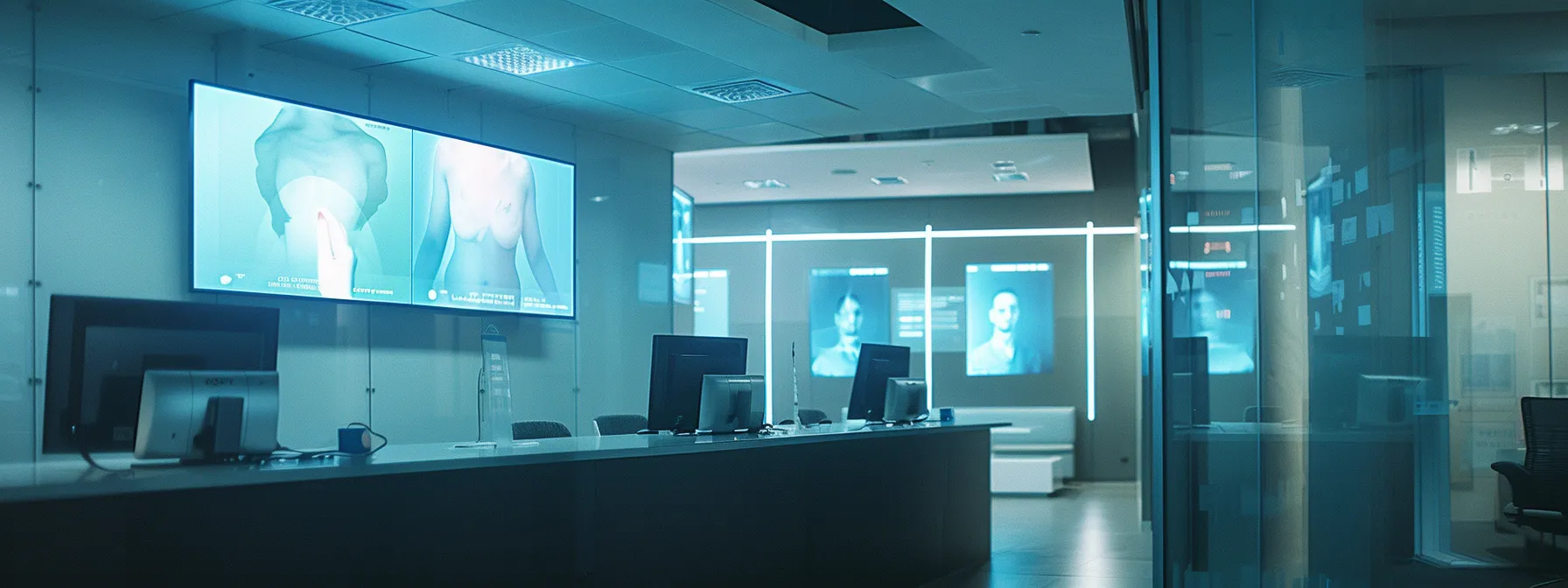 a sleek, modern medical office is illuminated by bright, clinical lighting, featuring an inspiring display of before-and-after weight loss success stories on digital screens, emphasizing health transformation and accountability in a professional setting.