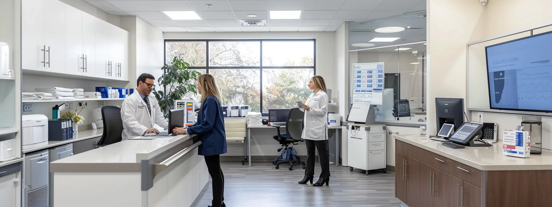 a sleek, modern medical office with a confident healthcare professional consulting with a patient about a personalized weight loss program, surrounded by advanced medical equipment and informational displays.