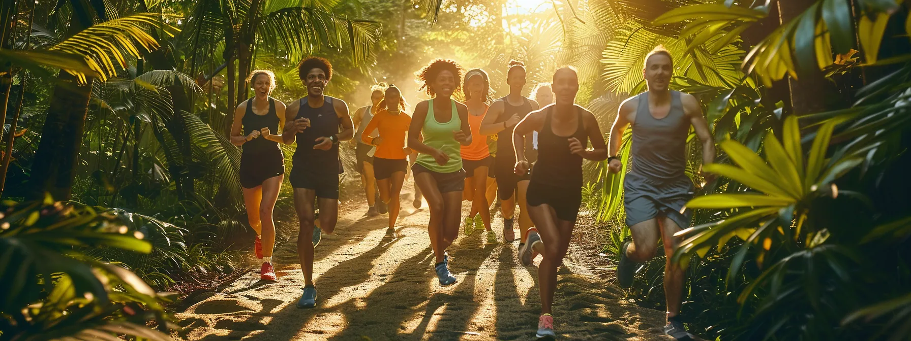 a vibrant and hopeful scene captures a diverse group of individuals joyfully engaging in an outdoor fitness activity, surrounded by lush greenery, symbolizing the transformative journey of medical weight loss through ozempic and mounjaro.