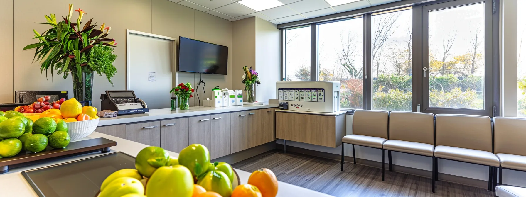 a vibrant clinic setting filled with natural light showcases a modern consultation room, featuring a sleek scale and a healthy array of fresh fruits and vegetables, symbolizing the journey of medical weight loss with ozempic and mounjaro.