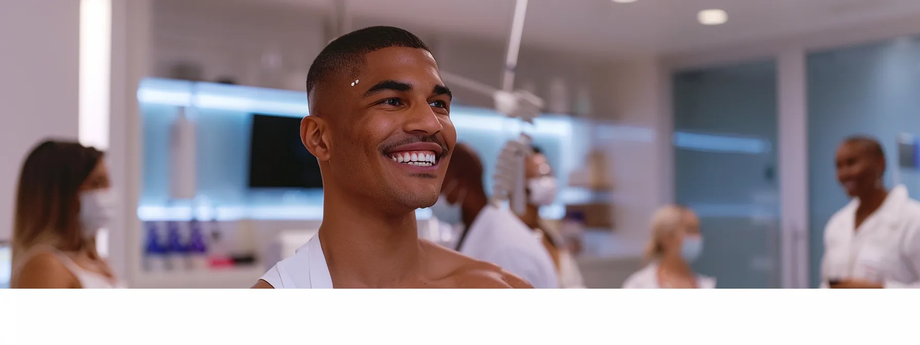a confident individual in a modern, well-lit clinic smiles proudly while showcasing their transformed physique, surrounded by supportive medical staff who emphasize the importance of personalized care in weight loss journeys.