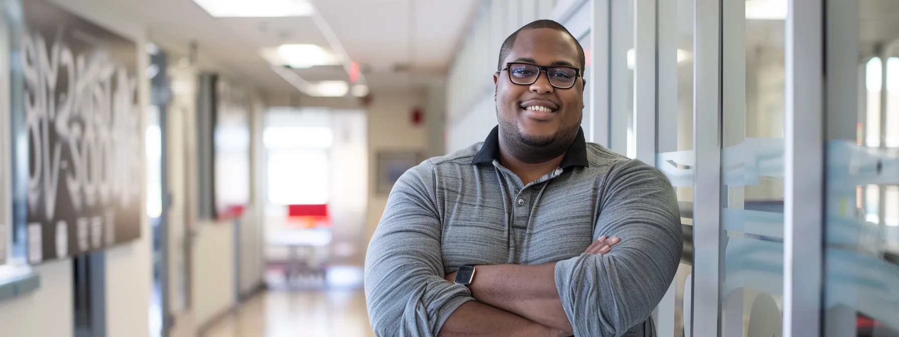 a confident, smiling individual stands in a modern, well-lit office space, showcasing their remarkable weight loss transformation, exuding positivity and resilience while surrounded by motivational quotes on the walls that emphasize the psychological aspects of success.