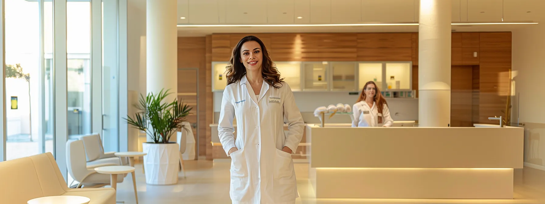 a confident, transformed individual stands proudly in a modern clinic with sleek decor, showcasing their impressive weight loss success as they engage with a supportive medical team of physicians and nutritionists, emphasizing a journey of health and empowerment.