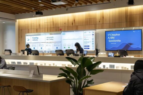 a modern healthcare office, featuring a sleek digital display board announcing the end of the semaglutide shortage, with focused patients discussing online prescription options at stylish desks illuminated by warm, professional lighting.