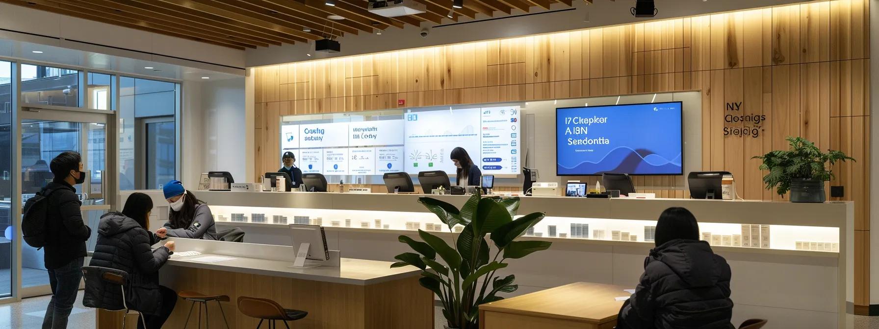 a modern healthcare office, featuring a sleek digital display board announcing the end of the semaglutide shortage, with focused patients discussing online prescription options at stylish desks illuminated by warm, professional lighting.