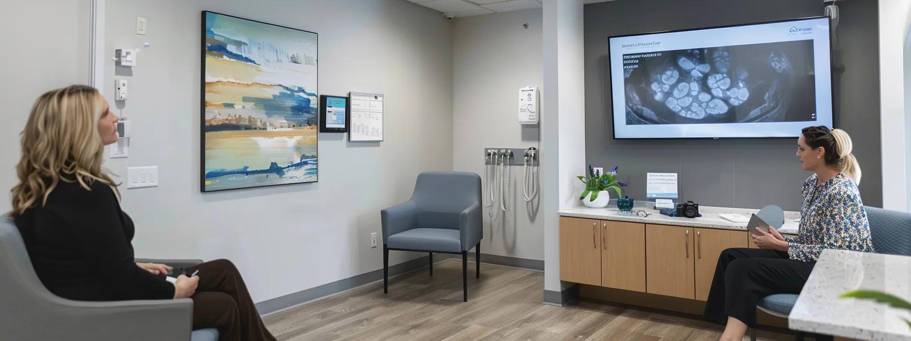 a modern medical office featuring a sleek consultation room with a digital display showcasing medical weight loss options, where a healthcare professional is discussing treatment protocols and fda guidelines with a patient.