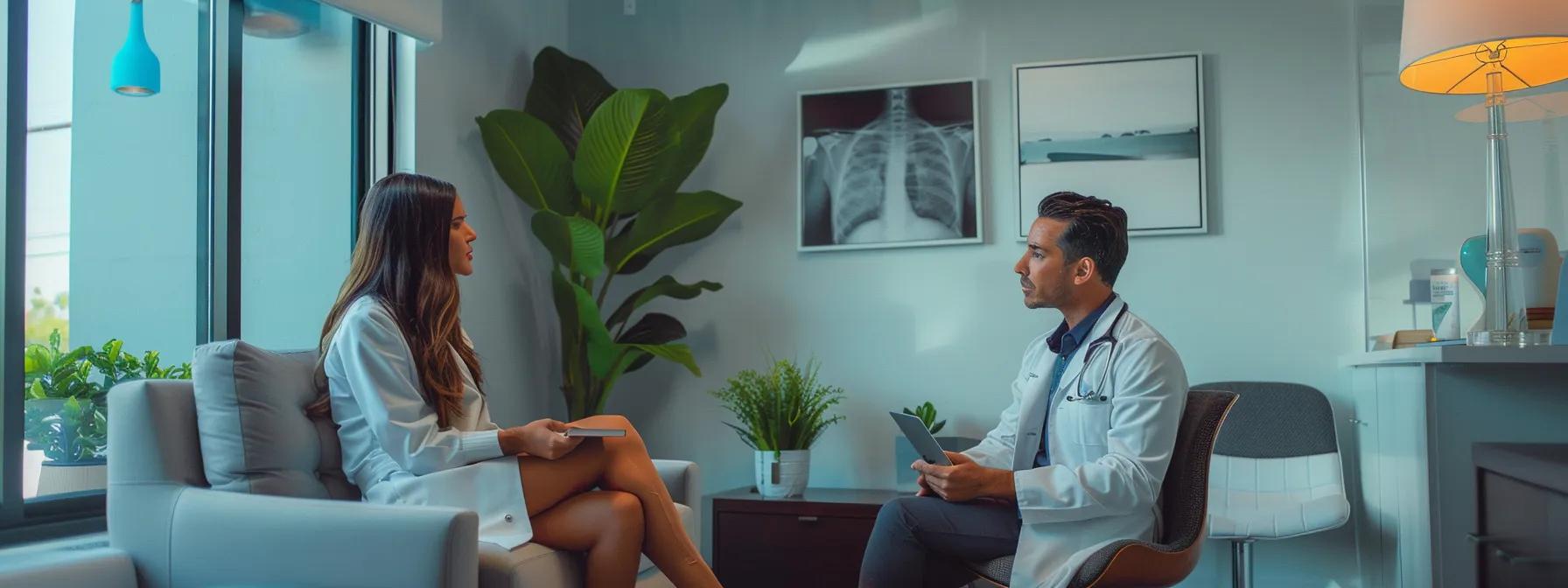 a modern medical office in orange county, featuring a sleek consultation room with a confident patient discussing weight loss options with a knowledgeable healthcare professional, illuminated by focused overhead lighting that enhances the professional atmosphere.