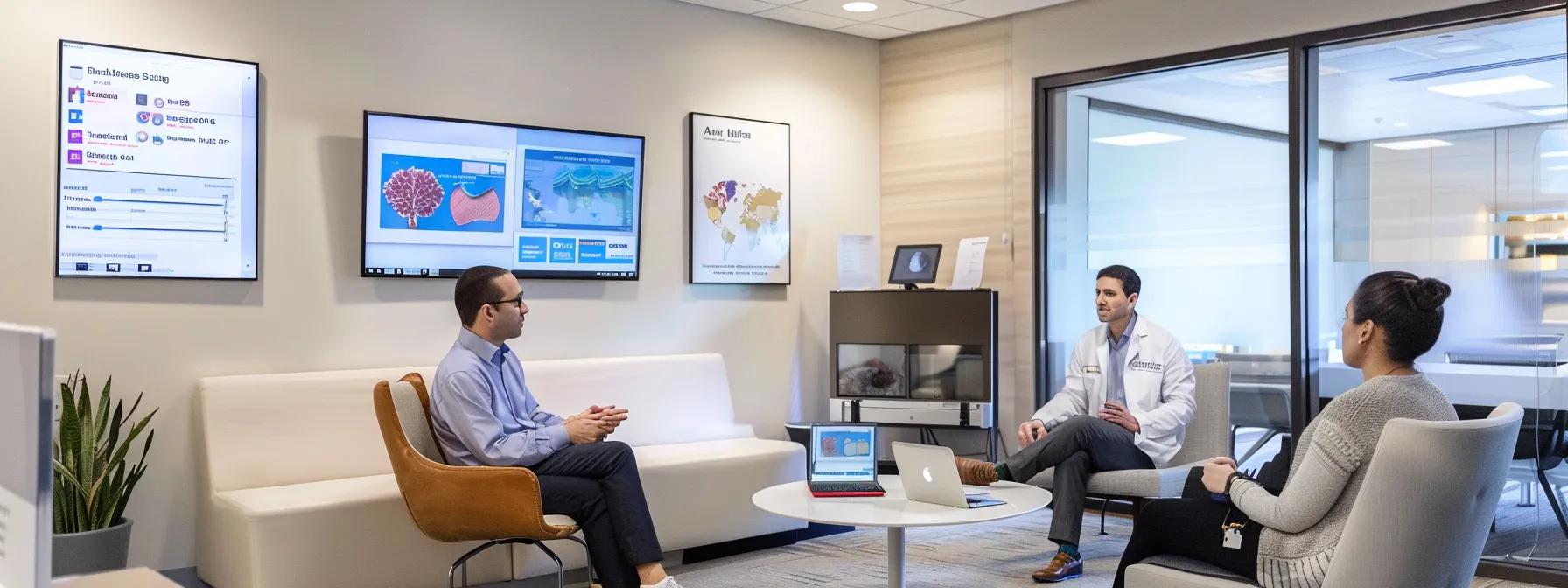 a modern medical office with a focused consultation environment, showcasing a professional healthcare provider discussing treatment plans with a patient, amidst sleek telehealth technology and informational posters about semaglutide.