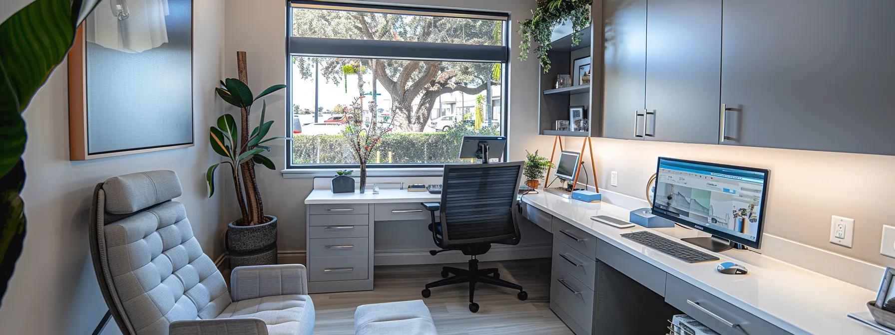 a modern, well-lit telehealth consultation room features a sleek computer screen displaying an online prescription platform, emphasizing the accessibility of semaglutide for medical weight loss in orange county.