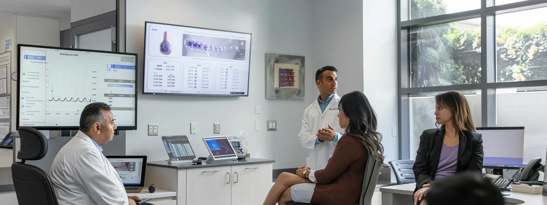 a sleek, modern medical office in orange county, filled with patients discussing their weight loss plans, while healthcare professionals analyze data about semaglutide and ozempic access on digital tablets, conveying a sense of urgency and change in local healthcare dynamics.