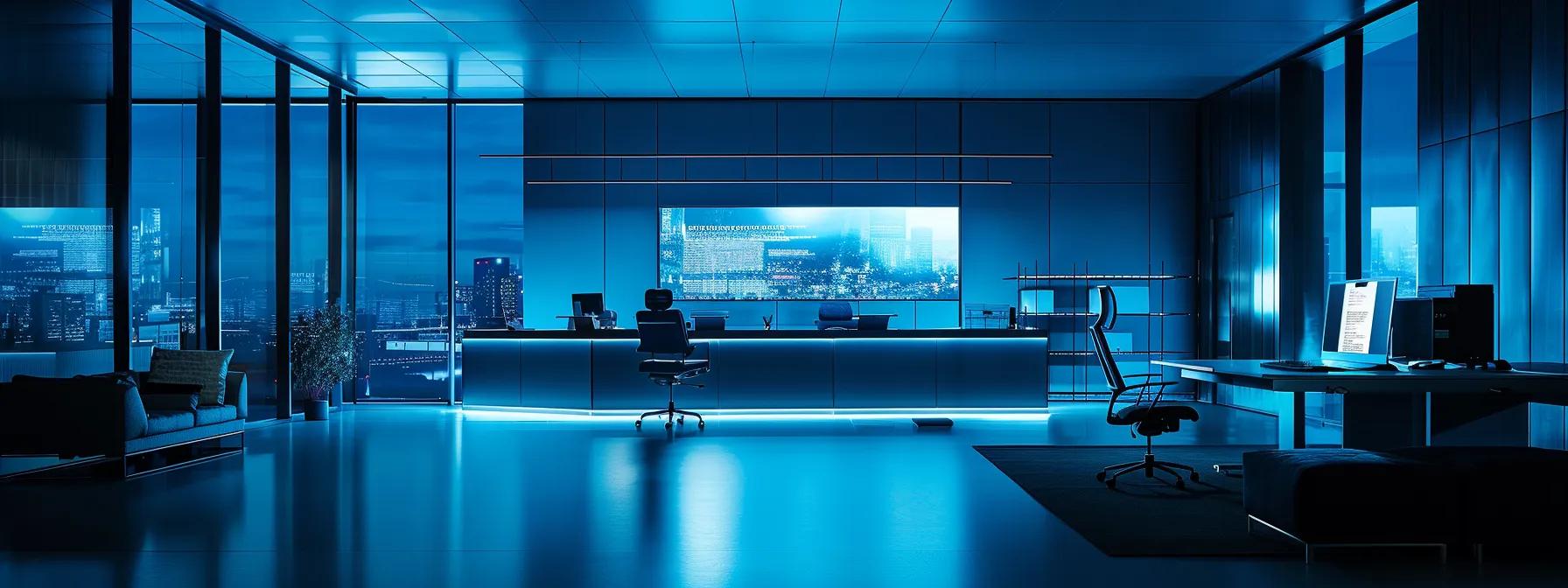a sleek, modern pharmaceutical office with a large screen displaying a news update on the fda's recent decision about semaglutide, illuminated by cool, clinical lighting that emphasizes the seriousness of the medication's regulatory changes.