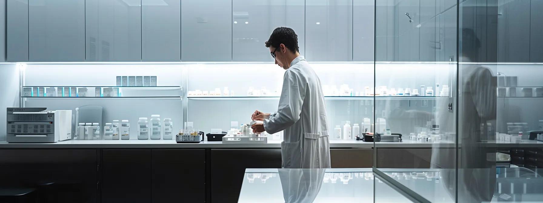 a sleek, modern pharmacy interior showcases a pharmacist carefully preparing compounded semaglutide formulations, emphasizing the clinical precision and attention to detail in the process, highlighted by bright, sterile lighting.
