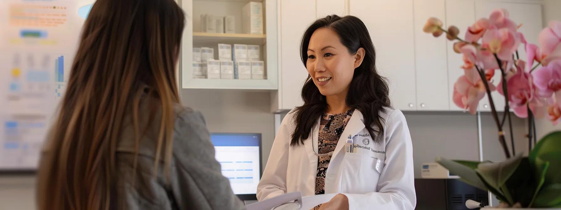 a bright and modern medical weight loss clinic features a doctor attentively consulting with a patient, surrounded by visuals of dietary plans and wellness charts, emphasizing a supportive atmosphere for health assessments and weight loss strategies.