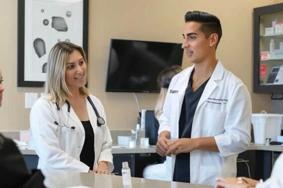 a modern weight loss clinic in orange county is depicted, showcasing a diverse team of medical professionals engaged in consultations with patients, confidently administering fda-approved injections in a clean and professional environment, while tracking progress on digital medical charts.