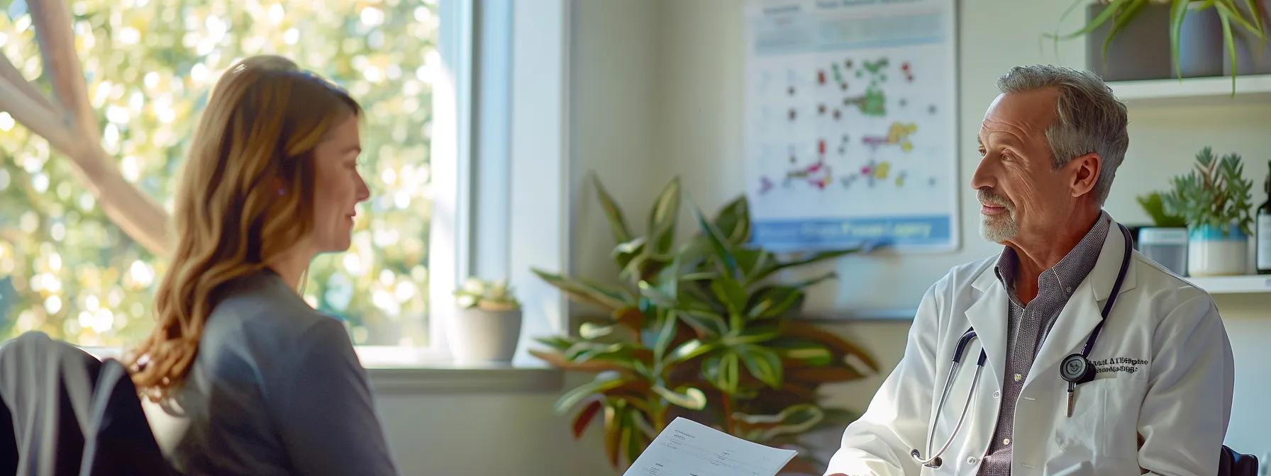 in a modern california medical weight loss clinic, a doctor is attentively consulting with a patient, discussing personalized weight loss plans while a chart detailing insurance coverage options and meal planning is prominently displayed in the background, conveying a sense of trust and commitment to wellness.