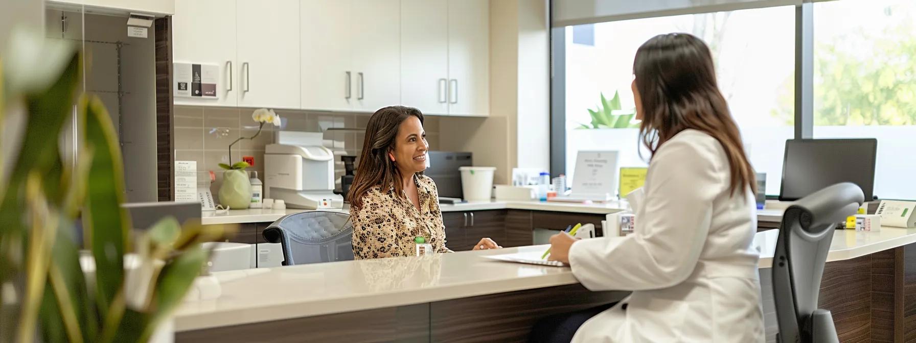 in a modern medical weight loss clinic in california, a compassionate doctor engages a patient in a well-lit consultation room, discussing personalized weight loss plans while showcasing supportive visuals of meal planning and progress tracking, conveying a sense of trust, professionalism, and wellness.